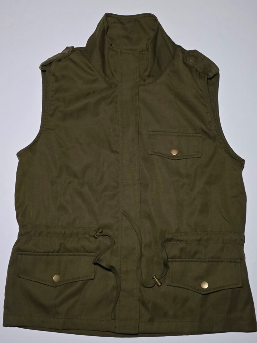 Shein Womens Army Green Drawstring Vest With 3 False Pockets Size Medium - 6